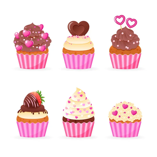 Set Carino Icona San Valentino Cupcake Illustrazione Cartone Animato Muffin — Vettoriale Stock