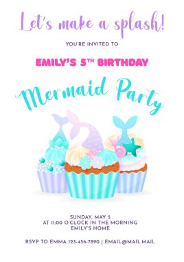 Denizkızı parti davetiye şablonu. Krema, inci parçacıkları ve deniz kızı kuyruğuyla süslenmiş doğum günü pastası resimleri. Doğum günü konsepti. Vektör 10 EPS.