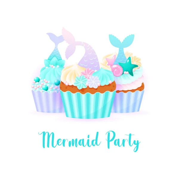 Mermaid Party Card Illustrations Birthday Cupcake Decorated Cream Pearl Sprinkles — Stock Vector