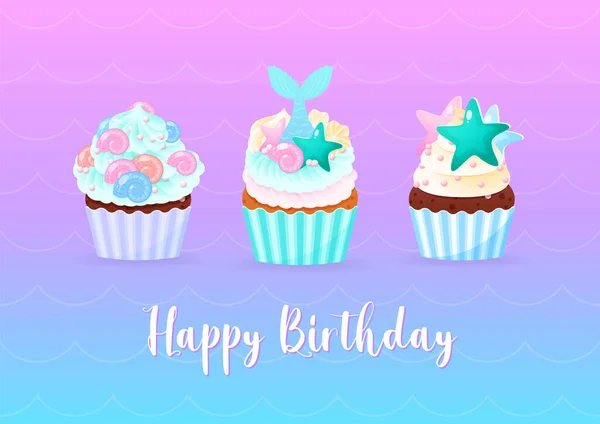 Feliz Cumpleaños Con Cupcakes Sirena Ilustraciones Magdalenas Dulces Decoradas Con — Vector de stock