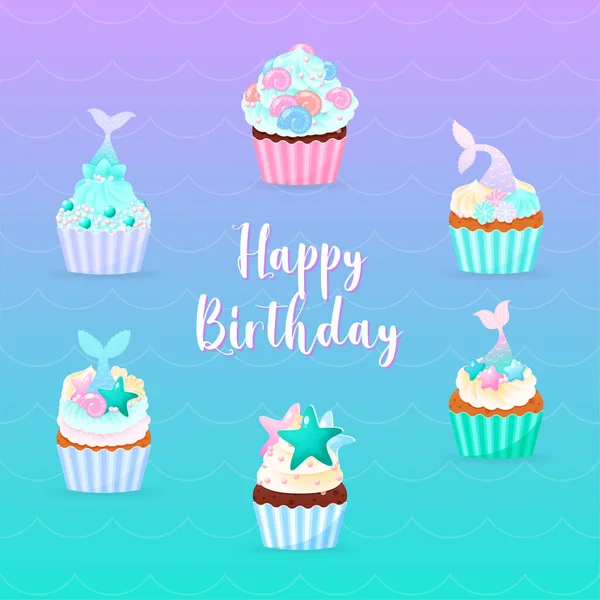 Feliz Cumpleaños Con Cupcakes Sirena Ilustraciones Magdalenas Dulces Decoradas Con — Vector de stock