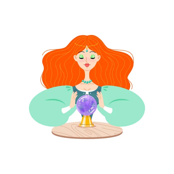 Fortune Teller Female Character Cartoon Illustration Beautiful Red Haired Girl — Stock Vector