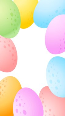 Yumurtaların parlak Paskalya arkaplanı. Ağ için bahar afişi şablonu. Renkli çikolata yumurtalarının sınırı. Vektör 10 EPS.