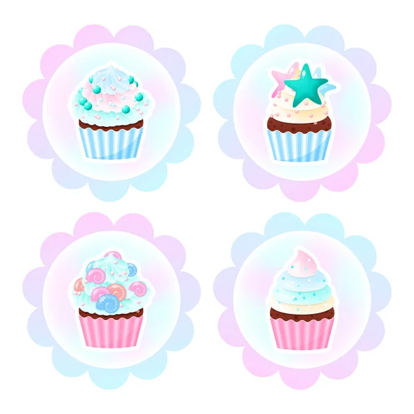 Conjunto Lindo Cumpleaños Cupcake Toppers Ilustraciones Magdalenas Dulces Decoradas Con — Archivo Imágenes Vectoriales