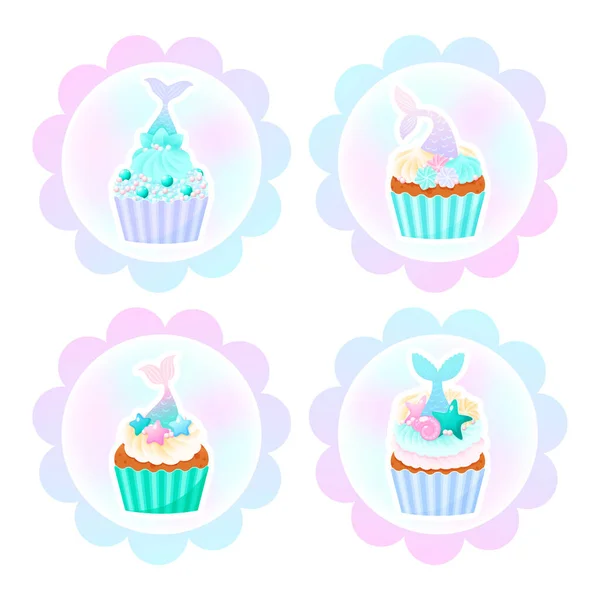 Conjunto Lindo Cumpleaños Cupcake Toppers Ilustraciones Magdalenas Dulces Decoradas Con — Archivo Imágenes Vectoriales