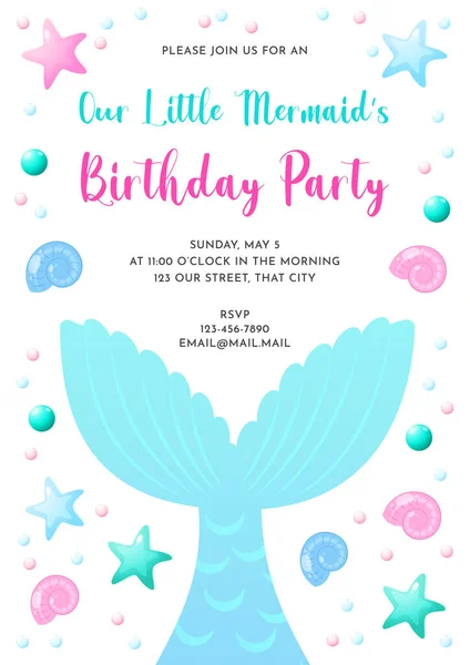 Mermaid Party Invitation Template Cute Illustration Mermaid Tail Sea Shells — Stock Vector