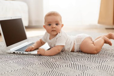 Gri halıda, ışık odasındaki pencereye yaslanmış, kameraya bakan, taşınabilir bilgisayarın yanında boş bir ekran ve fotokopi alanı olan sevimli bir bebek..