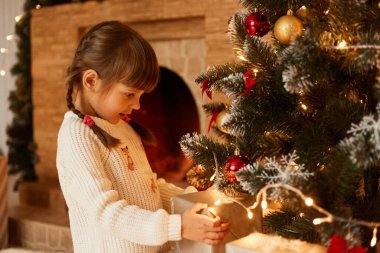 Kafkasyalı küçük bir kızın portresi Noel ağacının yanında duruyor ve hediye kutuları, beyaz kazak giymiş, siyah saçlı ve örgülü saçlı, mutlu noeller ve mutlu yeni yıllar..