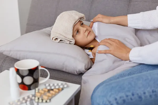 Profile Portrait Sick Little Baby Girl Influenza Lying Pillow Sofa — Stock Photo, Image