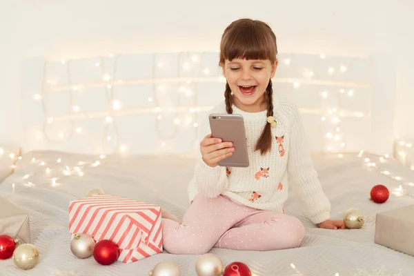 Portrait Happy Little Adorable Girl Wearing White Casual Sweater Sitting — Stock Photo, Image