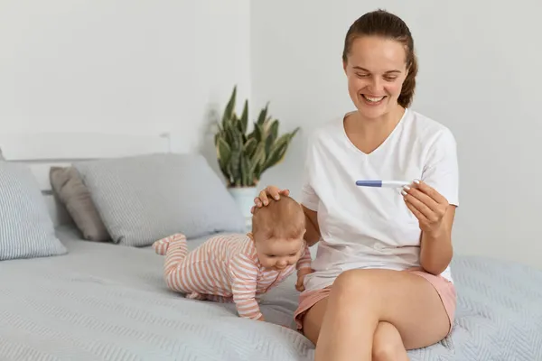 Horizontal Shot Smiling Happy Attractive Female Pigtail Holding Pregnancy Test — Stock Photo, Image