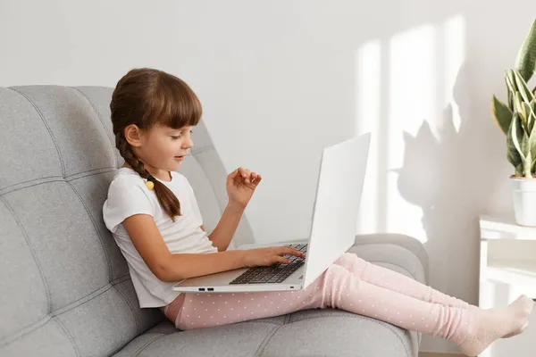 Dark Haired Cute Adorable Little Girl Pigtail Sitting Sofa Light — Stock Photo, Image