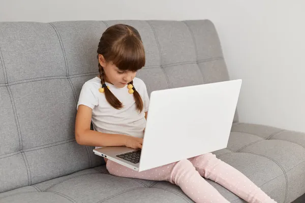 Concentrated Adorable Little Girl Pigtail Sitting Sofa Light Living Room — Stock Photo, Image