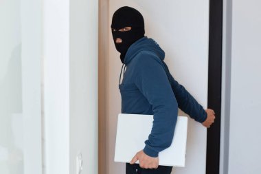 Mavi kapüşonlu ve siyah kar maskeli bir adamın portresi çalınan dizüstü bilgisayarla dikilip kameraya bakıyor ve soyduğu evden çıkmak için kapıyı açıyor..