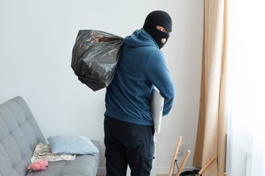 Kanepe ve pencerenin yanında duran, elinde çalıntı değerli eşyalar ve dizüstü bilgisayarla çanta tutan, mavi kapüşonlu ve siyah kar maskeli bir adam..