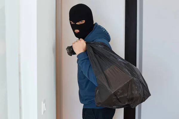 The thief holds a bag of stolen things in his hands, looks at the camera, is pleased that he found many expensive things to steal, male burglar wearing dark blue hoodie and black mask.