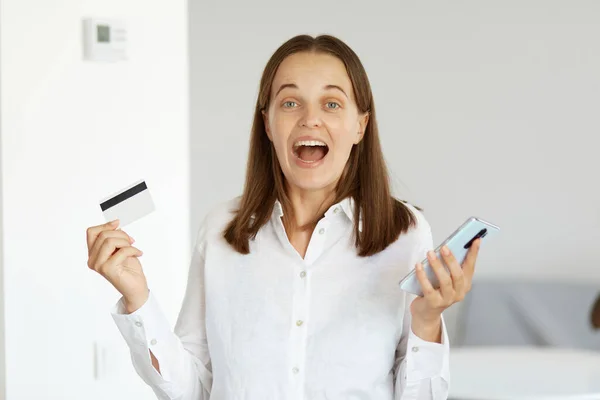 Extremely Happy Excited Woman Wearing White Shirt Standing Indoor Light — Stock Photo, Image