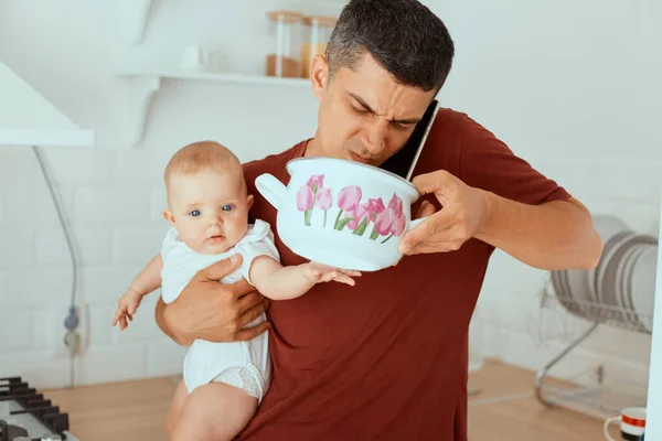 Indoor Shot Handsome Father Infant Baby Hands Standing Kitchen Holding — Stock Photo, Image