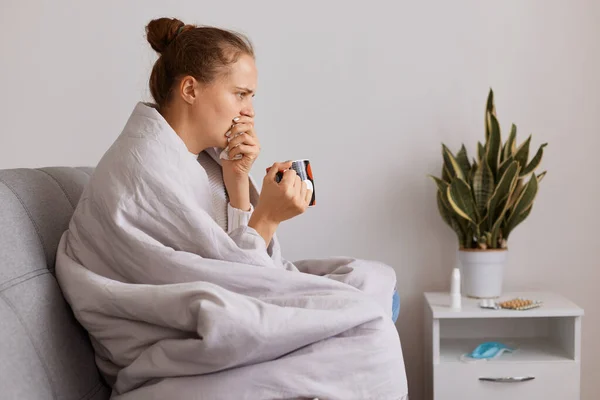 Side View Portrait Unhealthy Woman Sitting Cough Coughing Drinking Tea — Stock Photo, Image
