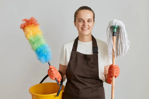 Indoor Shot Smiling Woman Housekeeper Wearing Brown Apron White Shirt — Stock Photo, Image