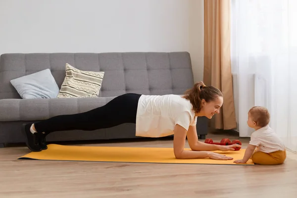 Side View Young Woman Exercising Standing Plank Position Train Her — Stock Photo, Image