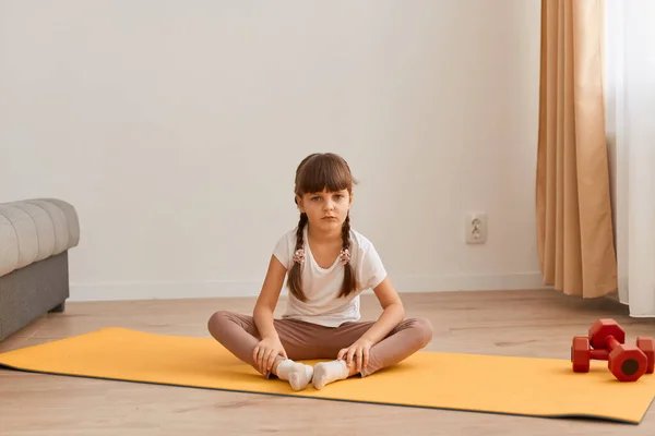 Portrait Cute Little Girl Pigtails Sitting Fitness Mat Lotus Position — Stock Photo, Image