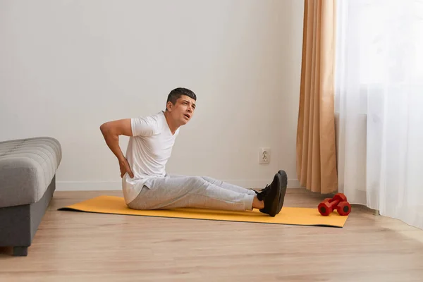 Portrait Young Adult Handsome Sportsman Sitting Mat Doing Stretching Yoga — Stock Photo, Image