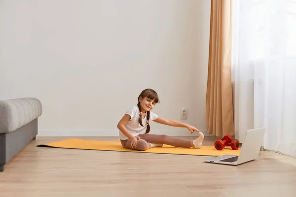 Indoor Shot Cute Little Girl Doing Yoga Exercise Home Big — Stock Photo, Image