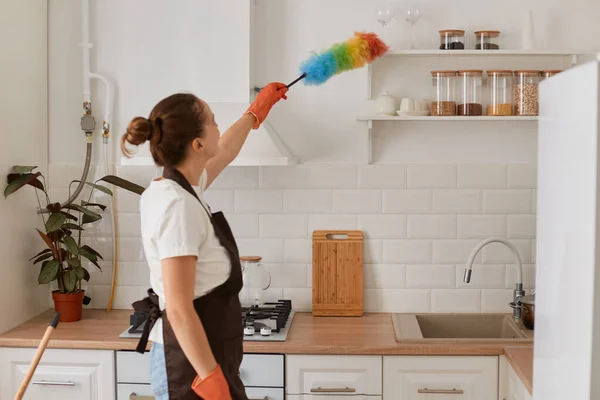 Indoor Shot Maid Wiping Dust Ppduster Kitchen Housewife Bun Hairstyle —  Fotos de Stock
