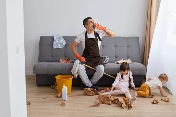 Indoor Shot Sleepy Man Wearing Casual Clothing Apron Washing Floor — Stock Photo, Image