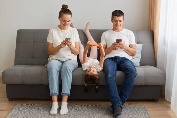Gadgets Addiction Young Family Three Holding Using Different Electronic Devices — Stock Photo, Image