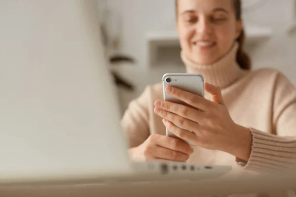 Closeup Portrait Woman Wearing Beige Sweater Holding Smart Phone Hands — Stock Photo, Image