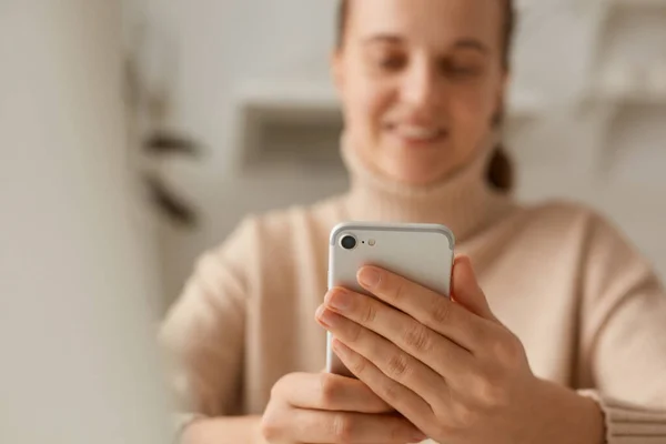 Closeup Portrait Woman Wearing Beige Sweater Posing Cell Phone Hands — Stock Photo, Image