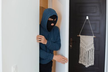 Siyah maskeli ve mavi kapüşonlu ihtiyatlı bir adam sahiplerini soymak için başkasının evine girer..