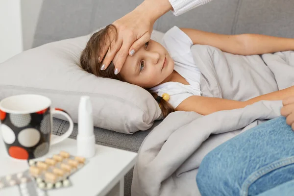 Indoor Shot Sick Unhealthy Ill Little Girl Lying Sofa Blanket — Stock Photo, Image