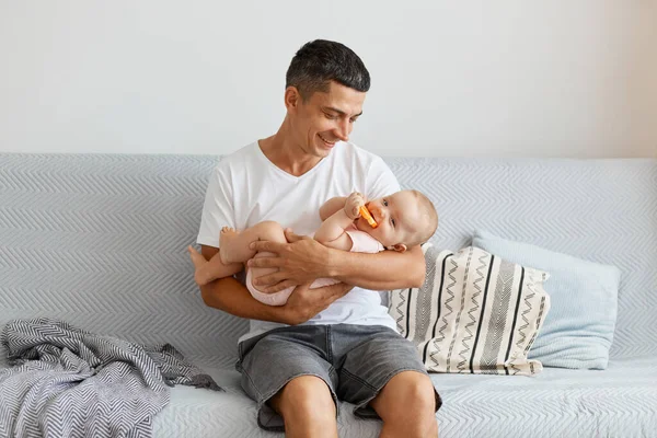Indoor Shot Lovely Father Newborn Baby Man Wearing White Casual — Stock Photo, Image