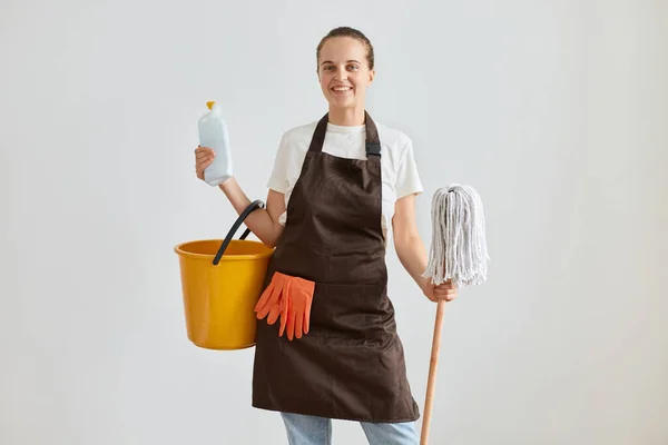 Smiling Young Adult Woman Housewife Wearing White Shirt Brown Apron — Stock Photo, Image