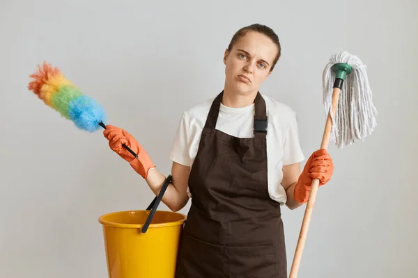 Tired Exhausted Woman Housewife Wearing White Shirt Brown Apron Holding — Stock Photo, Image