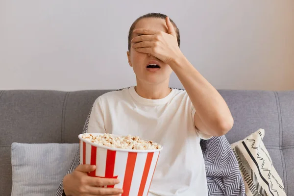 Horizontal Shot Young Woman Wearing White Shirt Sitting Sofa Popcorn — Stock Photo, Image