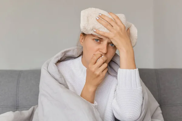 Horizontal Shot Caucasian Ill Woman Being Wrapped Blanket Sitting Sofa — Stock Photo, Image