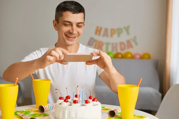 Indoor Shot Smiling Brunette Young Adult Man Wearing White Shirt — Stock Fotó