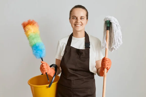 Indoor Shot Caucasian Housewife Cleaning Disinfecting All Surfaces Holding Mop — Stock Photo, Image