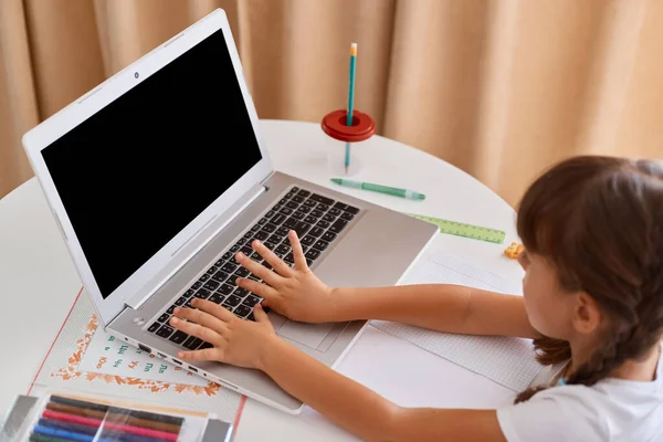 Indoor Shot Little Caucasian Girl Attending Online Learning Platform Class — Photo