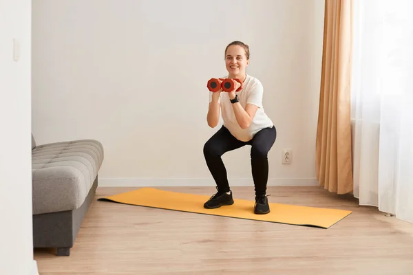 Full Length Portrait Happy Positive Optimistic Woman Doing Fitness Exercises — Stock Photo, Image