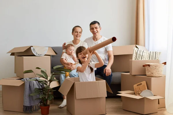 Horizontal Shot Happy Family Relocating New Flat Having Fun Together — Stock Photo, Image