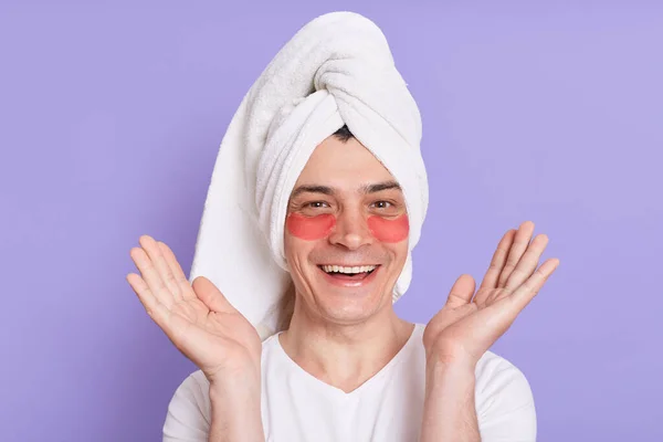 Portrait Young Caucasian Man Towel Use Eye Wrinkle Patches While — Stockfoto