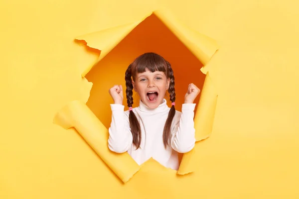 Imagem Menina Encantada Animado Com Tranças Vestindo Gola Alta Branca — Fotografia de Stock