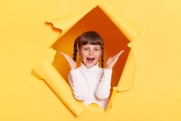 Indoor Tiro Espantado Positivo Menina Caucasiana Com Tranças Vestindo Gola — Fotografia de Stock