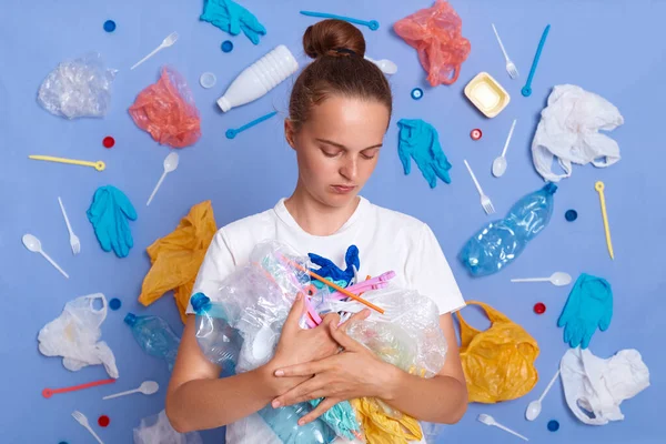 Indoor Shot Unhappy Sad Woman Holding Collected Plastic Litter Sad — Stockfoto