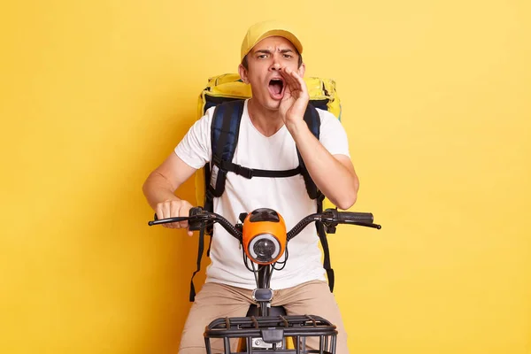 Indoor Shot Excited Deliveryman Bicycle Wearing White Shirt Cap Isolated — Stock fotografie